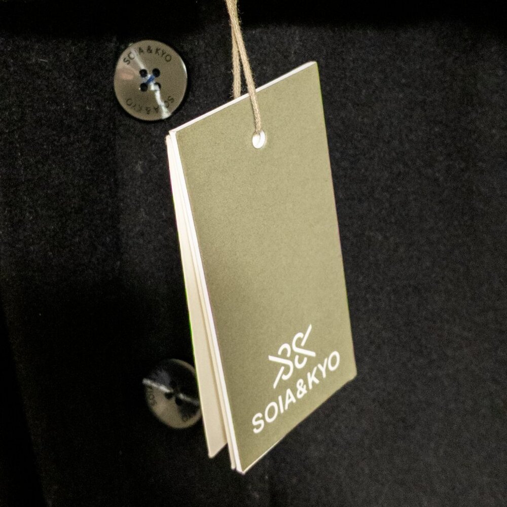 SOIA & KYO Adeline Slim-Fit Black Mixed Media Wool Coat Hooded Women's Large NWT - Picture 2 of 5